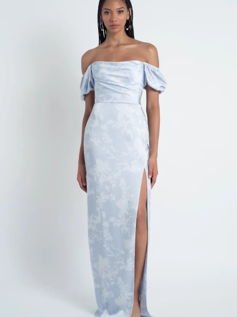 Jenny Yoo Powder Blue Off-Shoulder Floral Satin Maxi Gown with Slit